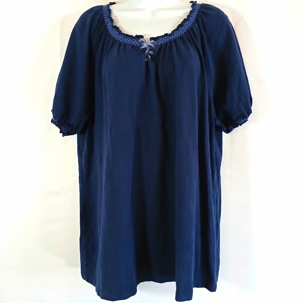 Catherines top blue solid 100% cotton lace up round neck sz 0X  casual boho work